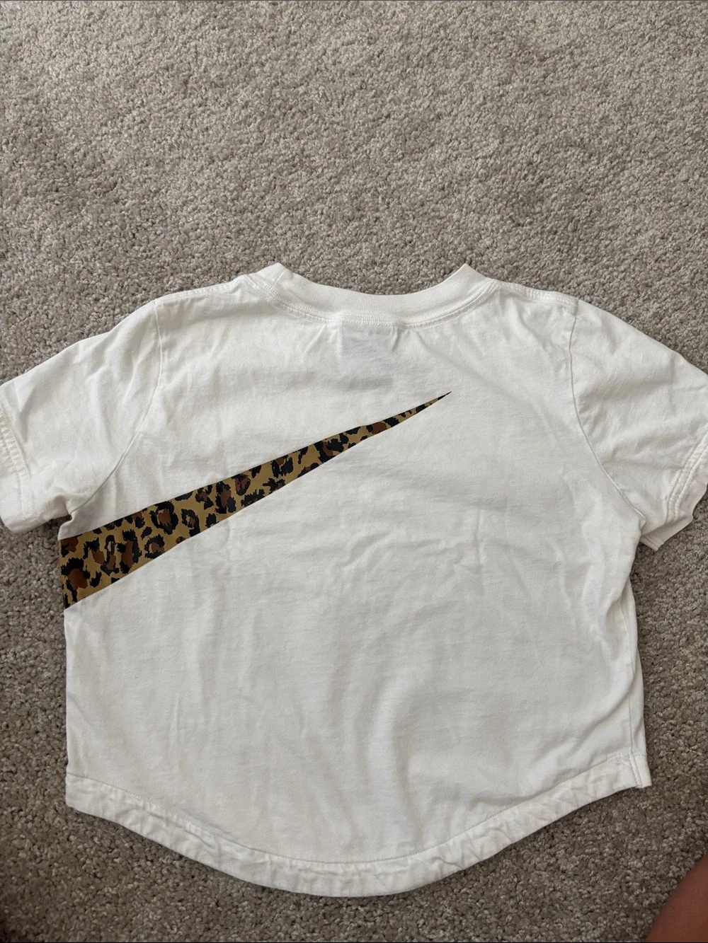 Nike White Short Sleeve crop Tee with Leopard Swoosh